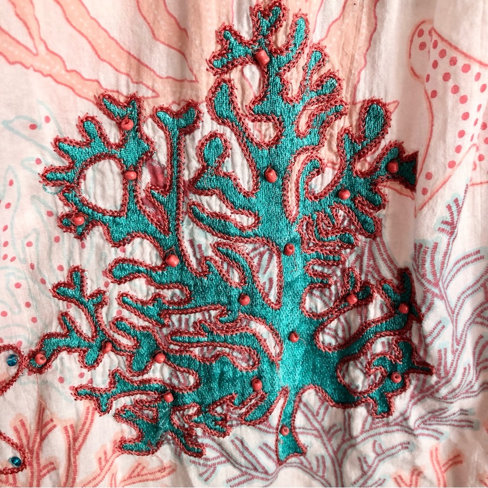 Soft Surroundings Coral Reef Teal Tunic Cotton Embroidered Sequin Blouse Top XL - Picture 6 of 12